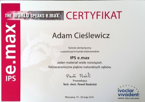 Certyfikat z kursu Ivoclar Paweł Nadolski